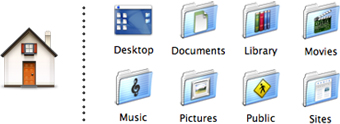The eight folders inside your Home folder: Desktop, Documents, Library, Movies, Music, Pictures, Public, Sites.